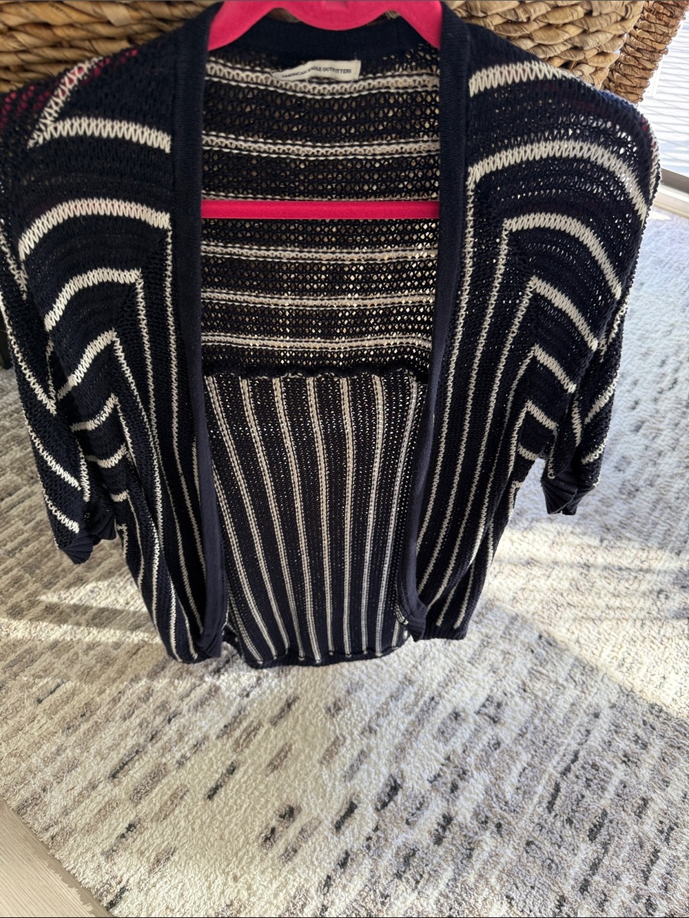 American Eagle Outfitters Navy and White Striped Open Knit Cardigan